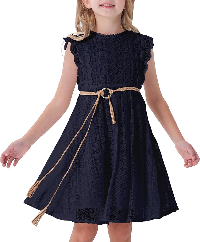 ALLOVIN Toddler Girl's Vintage Boho A-Line Lace Dress with Belt Kids Pom Pom Trim Birthday Party Dress