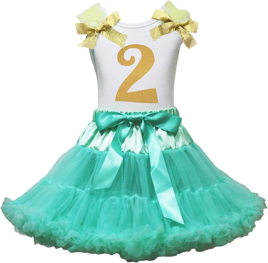 Petitebella Birthday Dress Golden 2nd White Cotton Shirt Aqua Blue Skirt Girl Outfit 1-8y