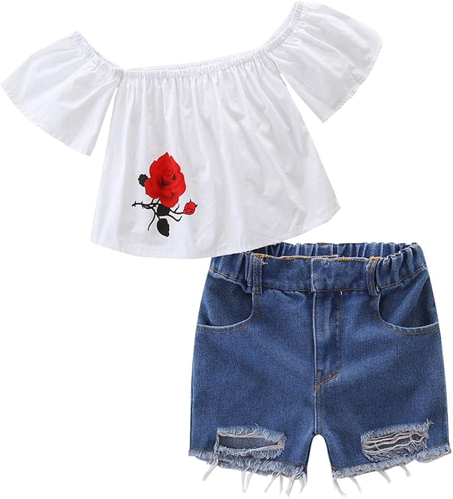 KIDSA 1-7T Baby Toddler Girls Shorts Sets Summer Clothes Off Shoulder T-Shirt Ripped Tore up Denim Shorts Outfits