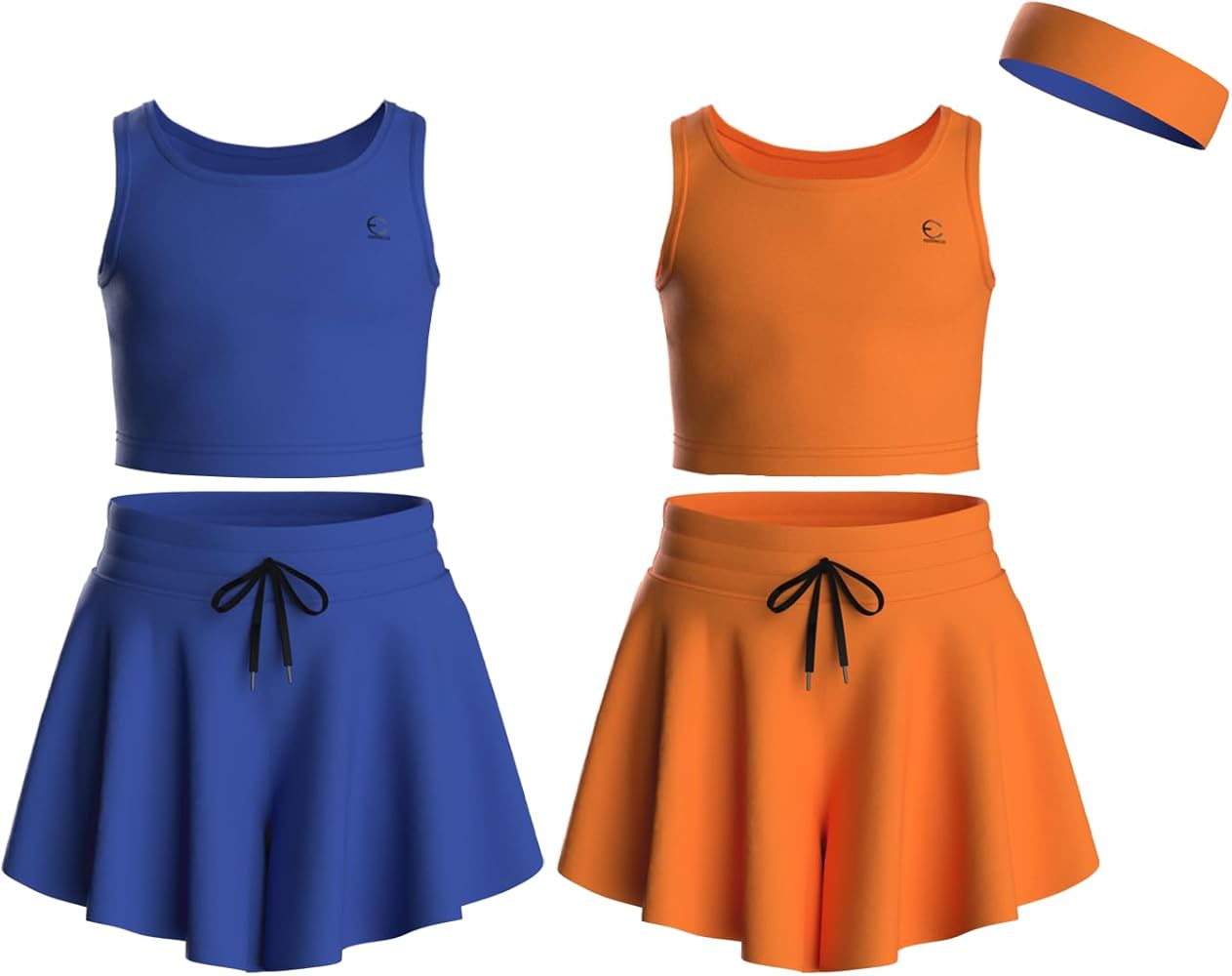 Flowy Girls Butterfly Shorts Skirts w/Pockets & Athletic Sleeveless Tank Tops, Dance Tennis Cheer Running (5pc Set)