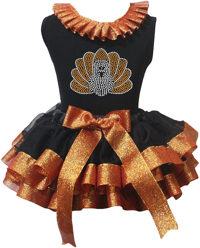 Petitebella Thanksgiving Bling Turkey Shirt Orange Black Petal Skirt Nb-8y