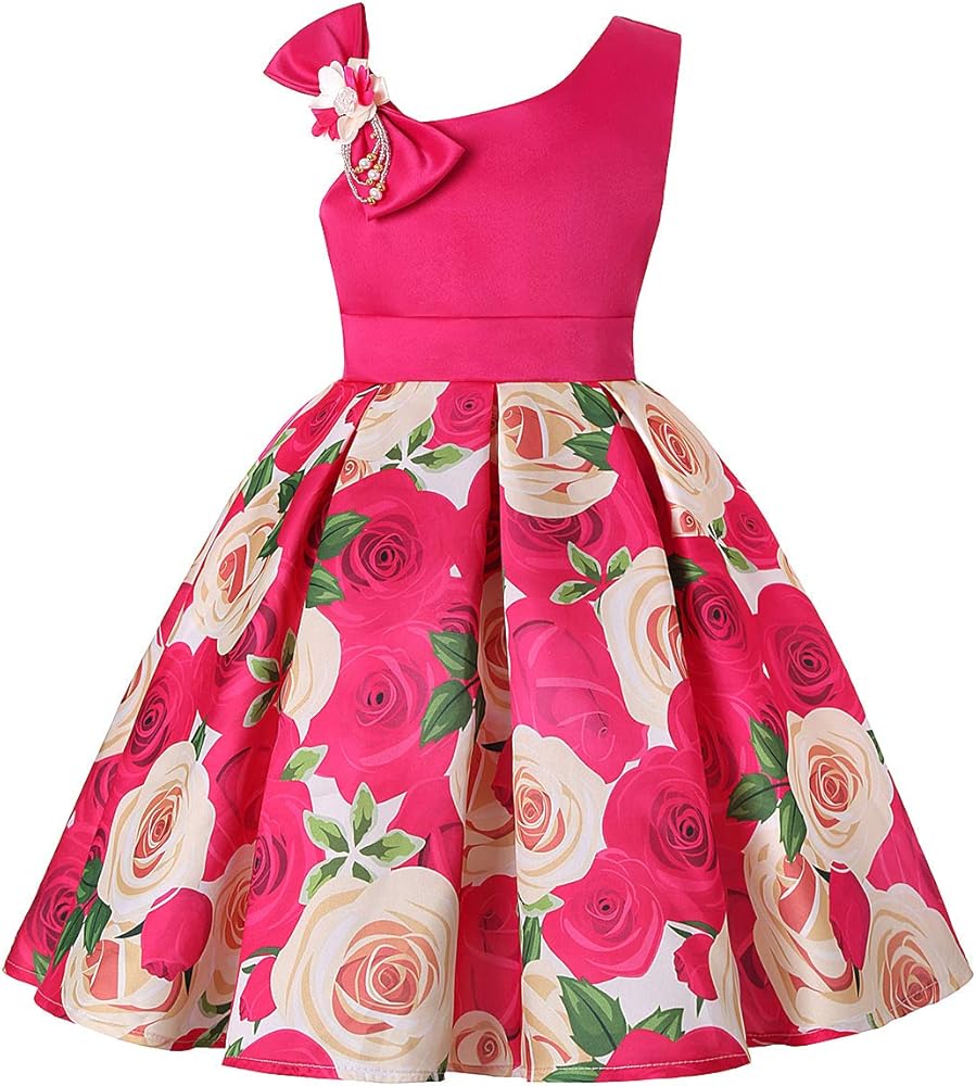 Quenny Children's New Oblique Shoulder Dress,Girls' Rose Printed Dress.