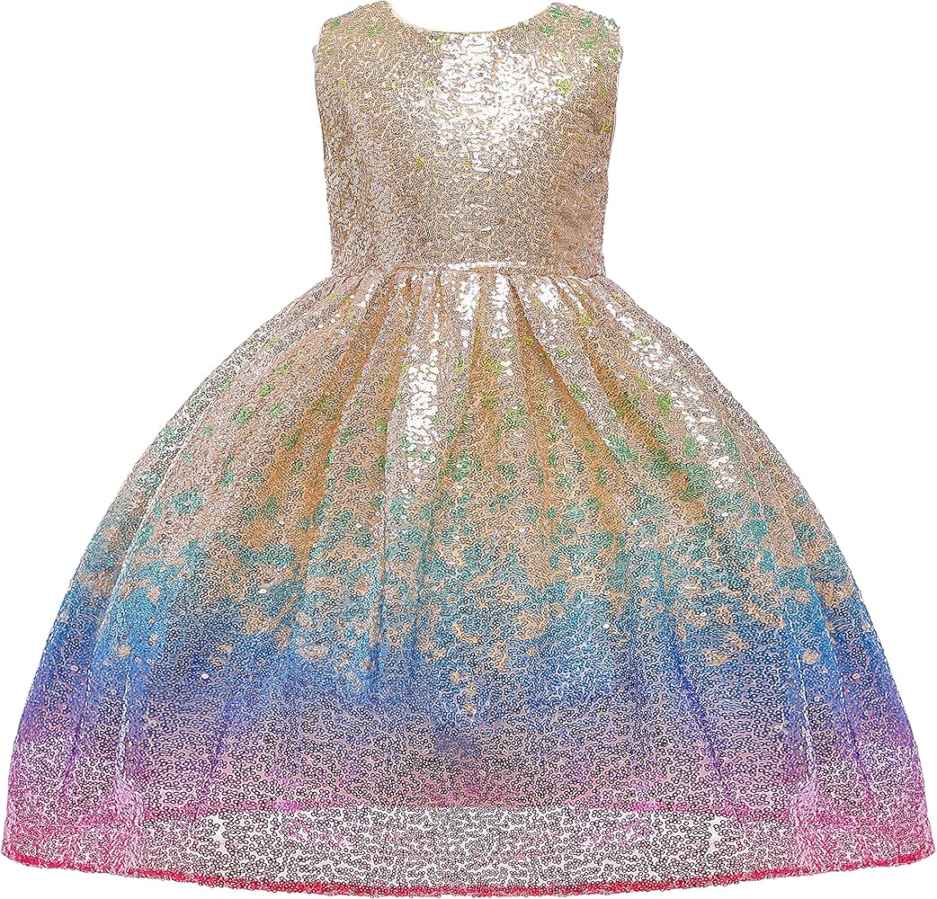 Glamulice Flower Girl Rainbow Tulle Dress A Line Sequin Princess Wedding Bridesmaid Party Holiday Birthday Tutu Dresses