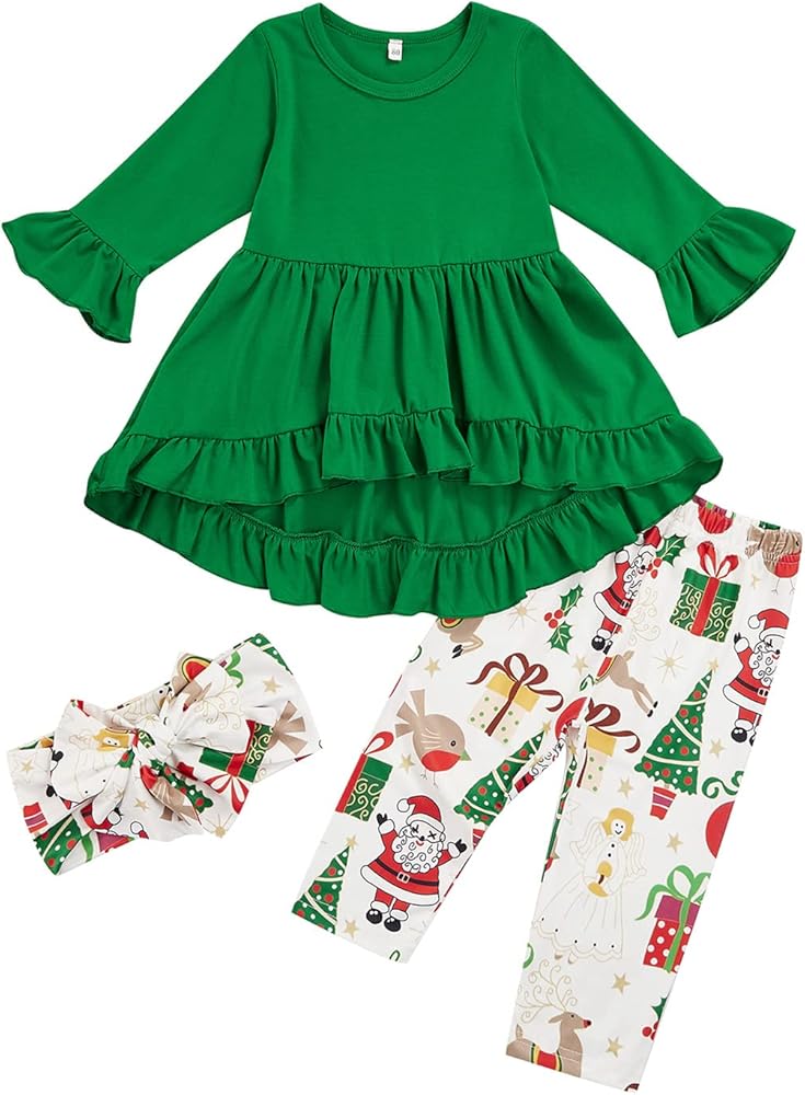 ITFABS 1-6T Toddler Girl Christmas Clothes Set Plaid Santa Claus T-Shirts Tees Pullover Shirts Tops+Flare Pants Outfit Set