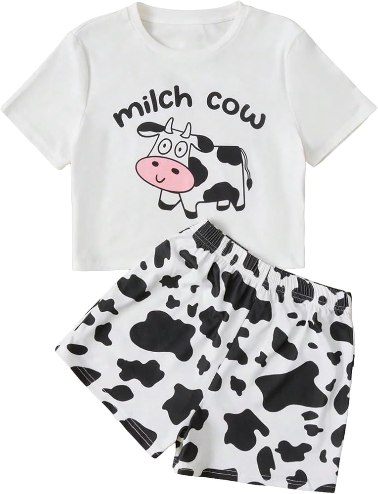 WDIRARA Girl's 2 Piece Set Graphic Cow Print Short Sleeve Tee Tops and Shorts Soft Casual Cute Set