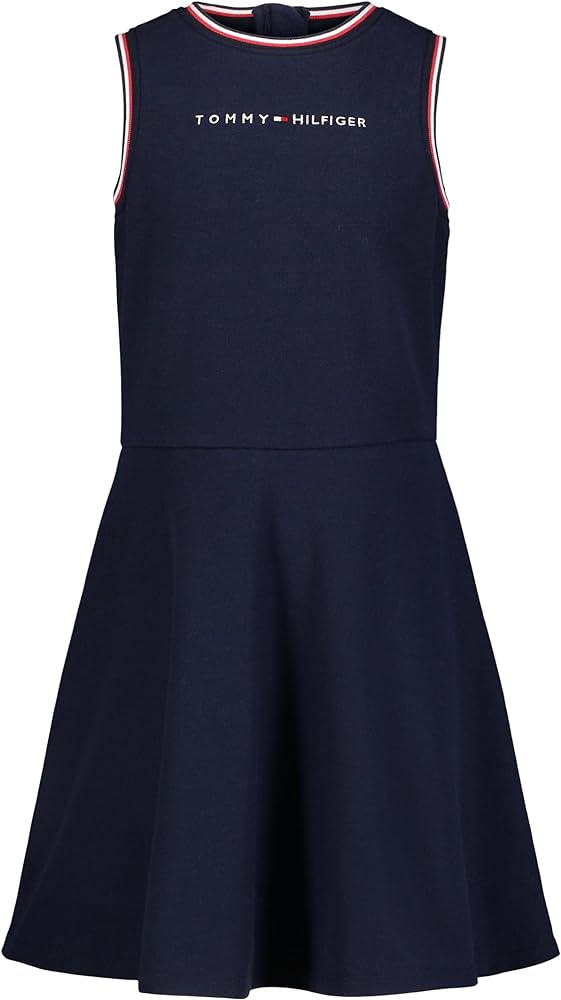 Tommy Hilfiger Girls' Sleeveless Fit and Flare Dress with Signature Stripe, Navy Blazer, 7