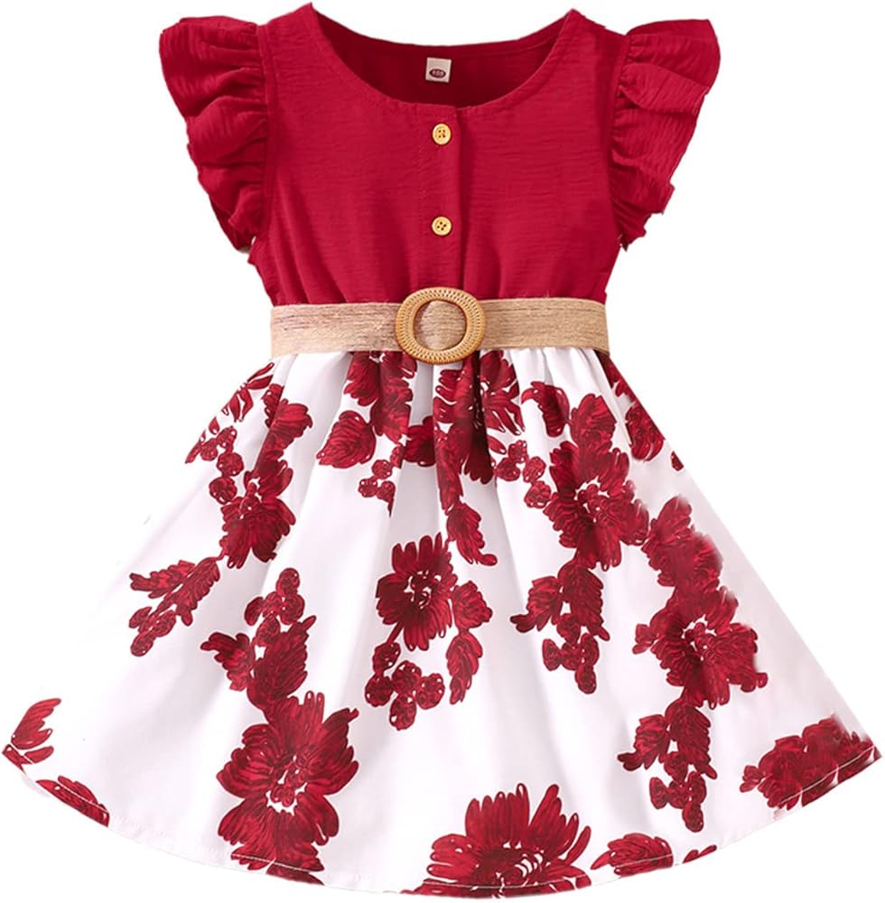 Toddler Girls Dress Round Neck Fly Sleeve Floral Prints Princess Dress Dance Party Dresses Clothes Belt Girls Outfit