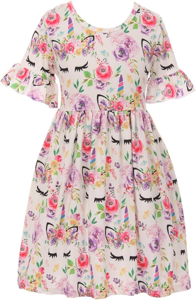 Cap Sleeve Unicorn Print Slip-on Casual Novelty Dress 2t-8