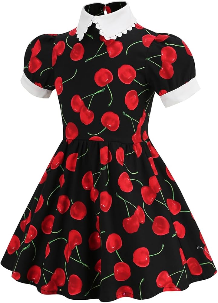 Kids Girls Vintage Polka Dot Dress Short Sleeve A Line Dresses 1950s