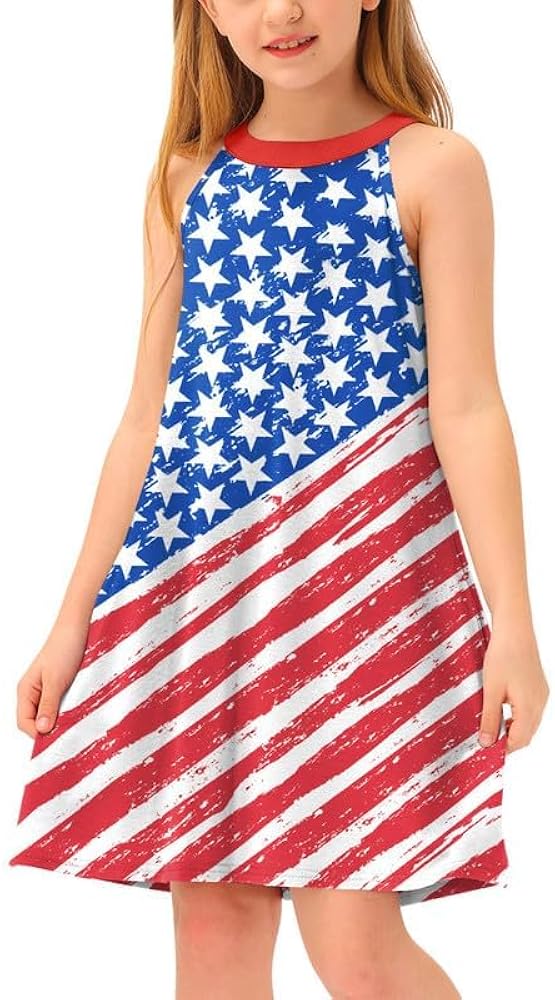 BesserBay July 4th Girls Halter Neck Sleeveless Midi Dress with Side Pockets 4-12 Years