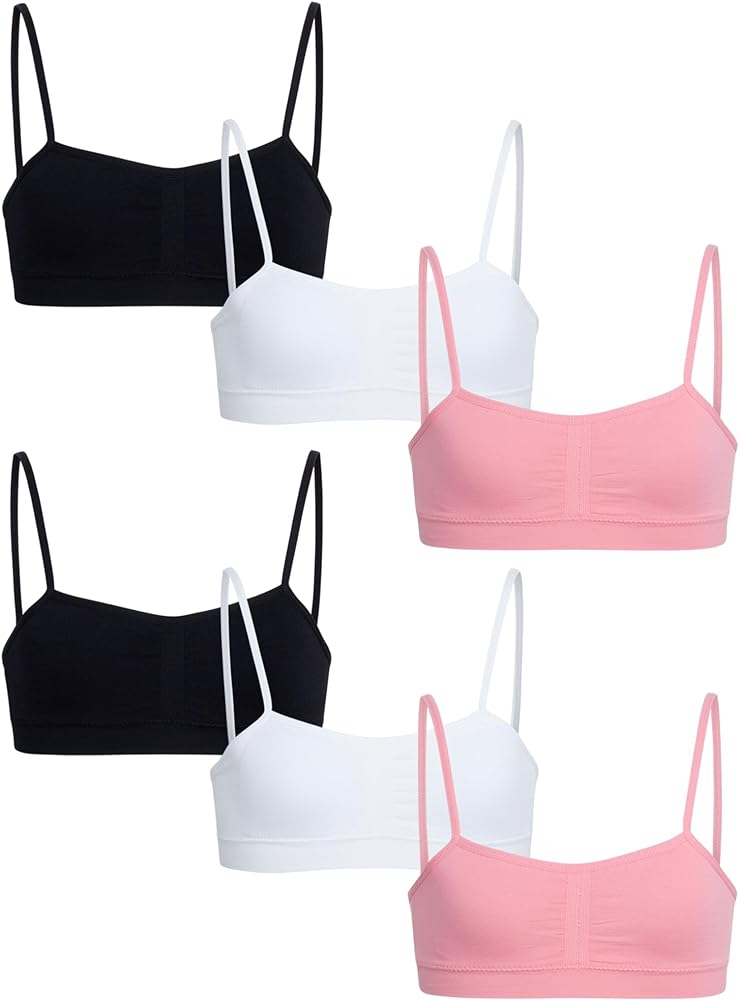 Sweet & Sassy Girls' Training Bra - 6 Pack Seamless Cami Bralette, Removable Pads - First Time Beginner Bra for Girls (S-L)