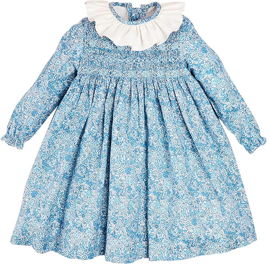 Twoflower Girls Vintage Autumn Long Sleeve Smocking Clothing Kids Toddler Hand Embroidery Floral Fully Smocked Dresses