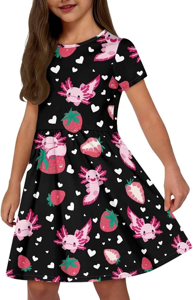 Girls Summer DressCrew Neck Sundress Casual Short Sleeve Midi Dress with Pockets for 2-14 Years