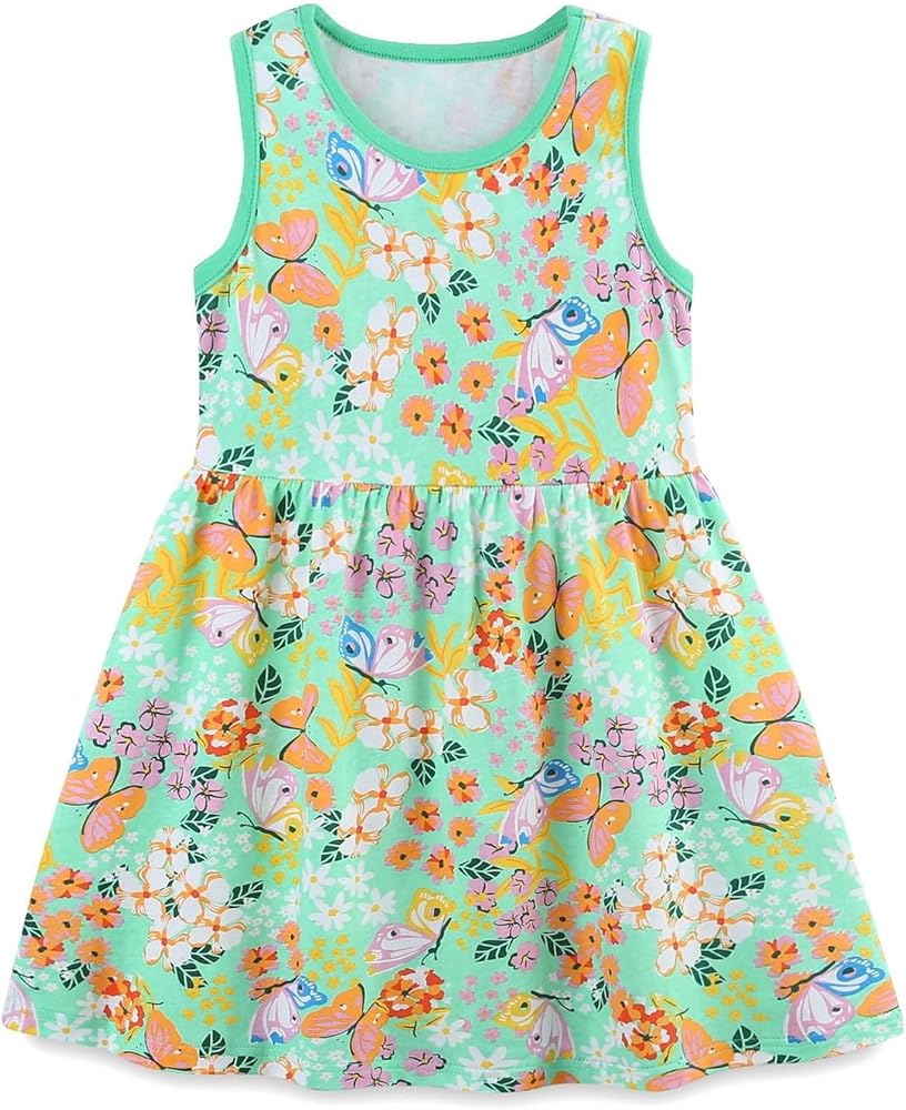 Toddler Girls Summer Sleeveless Dress Cartoon Butterflies Flowers Print Tank Top Dress Casual Loose Sundress