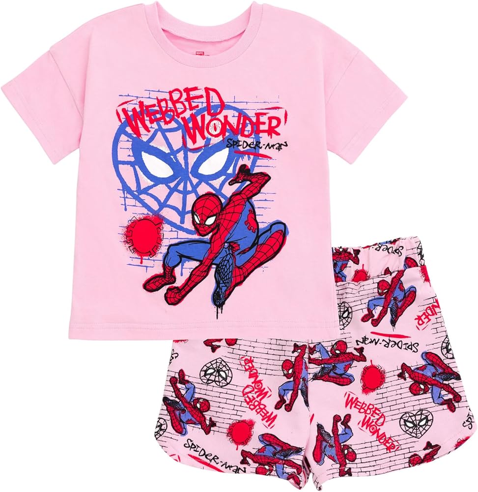 Marvel Spider-Man Girls T-Shirt and French Terry Dolphin Shorts Outfit Set Toddler to Big Kid