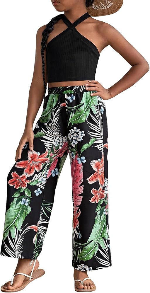 OYOANGLE Girl's 2 Piece Clothing Sets Outfits Sleeveless Halter Crop Top and Tropical Print Pants Sets