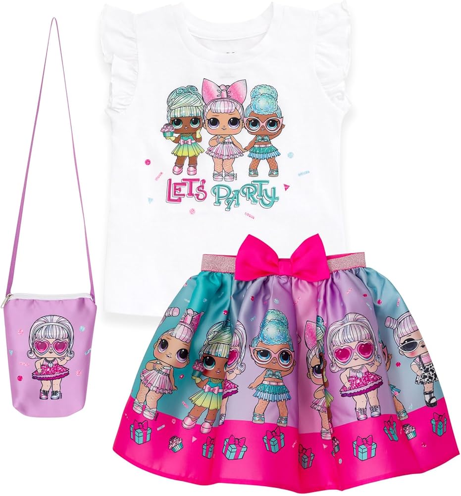 L.O.L. Surprise! Girls T-Shirt Skirt and Pocketbook 3 Piece Outfit Set Little Kid to Big Kid