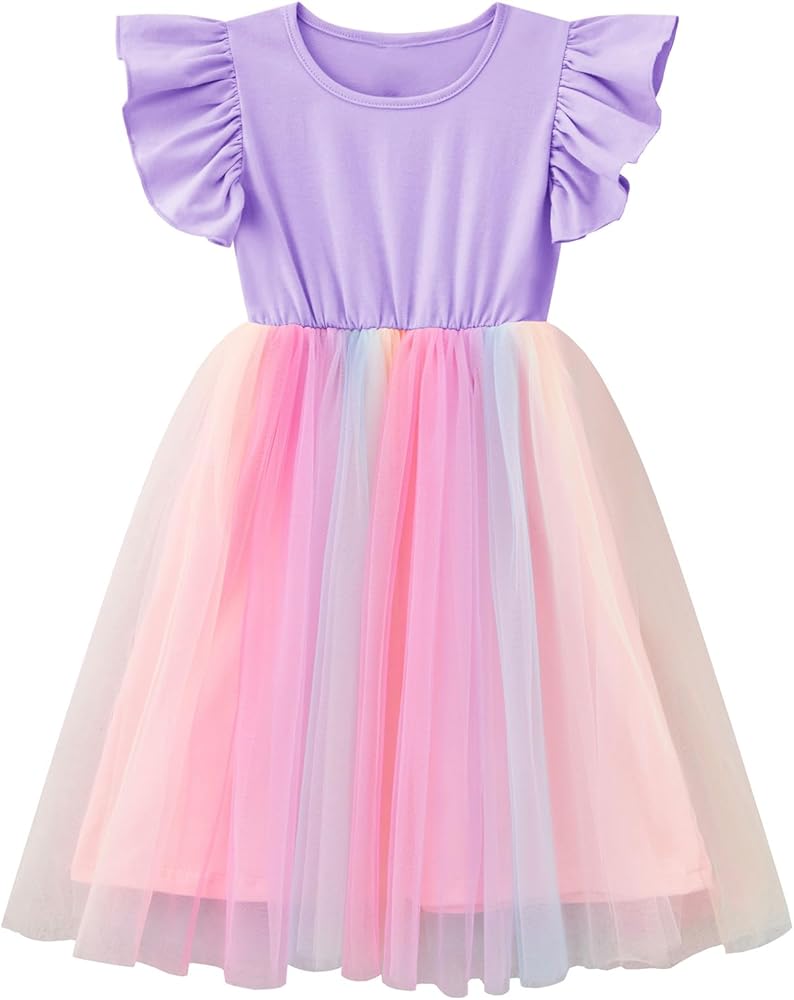 LYXIOF Girls Tutu Dress Casual Tulle Summer Solid Color Ruffle Sleeve Dress