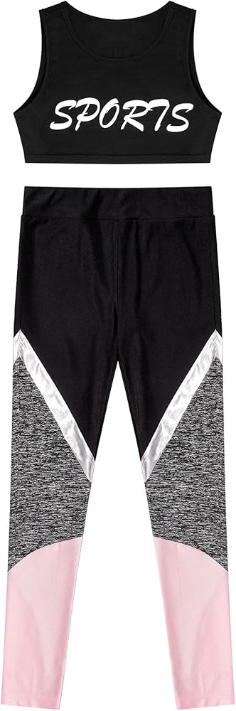 Kids Girls 2 Piece Gymnastic Dance Outfit Crop Tops with Athletic Leggings Workout Activewear