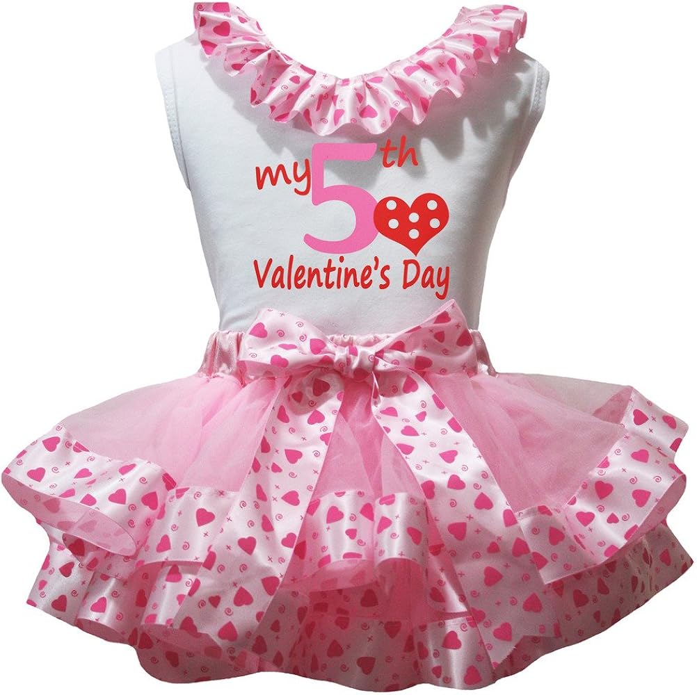 Petitebella My 5th Valentine Day White Shirt Pink Heart Petal Skirt Set Nb-8y