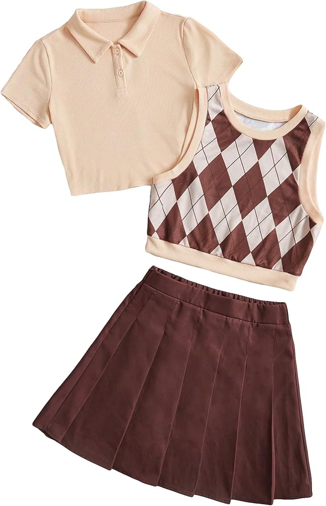 Milumia Girl's Clothing Set 3 Piece Argyle Print Tank Top and Pleated Skirt with Polo Shirt