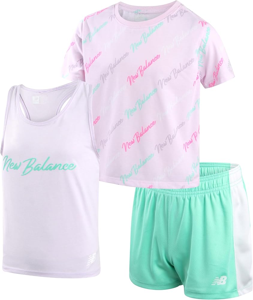 New Balance Girls' Active Shorts Set - 3 Piece Performance T-Shirt, Tank Top, and Gym Shorts - Summer Outfit for Girls (7-12)