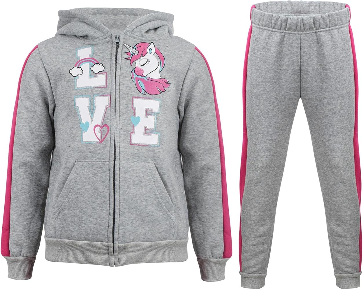 Kids Girls Love Tracksuit Fleece Zipper Hoodie Trouser 2 Piece Suit