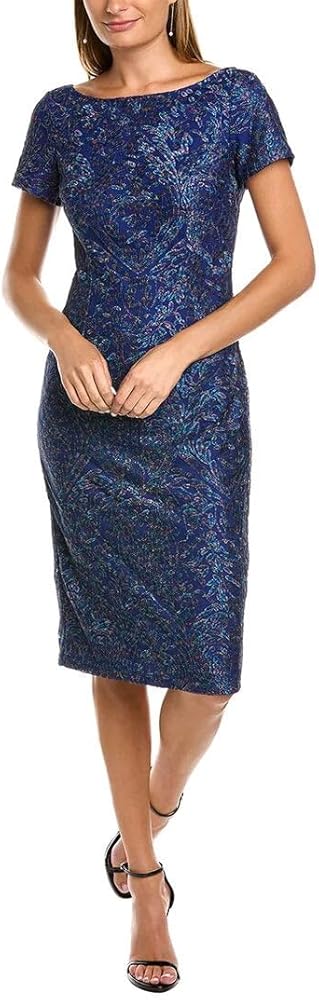 JS Collections Boat Neck Short Sleeve Embroidered Zipper Back Soutache Cocktail Embroidered Mesh Dress Blue Multi / 8