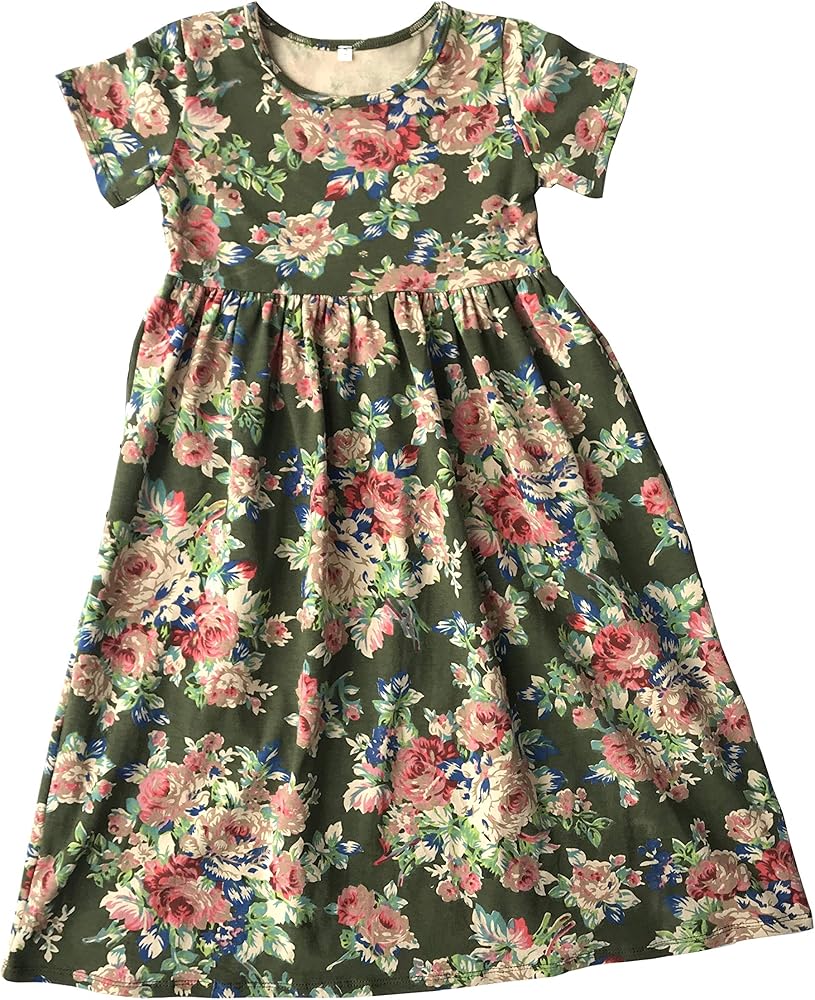 Girls Maxi Dress - Kids Floral Casual Short Sleeve Summer Dresses for Girl 4-8T Olive