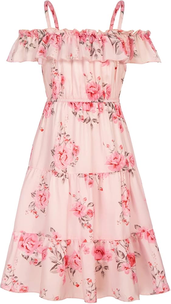 GRACE KARIN Girls Summer Dress Off Shoulder Ruffle Floral Spaghetti Strap Casual Sundress Tiered Midi Dress