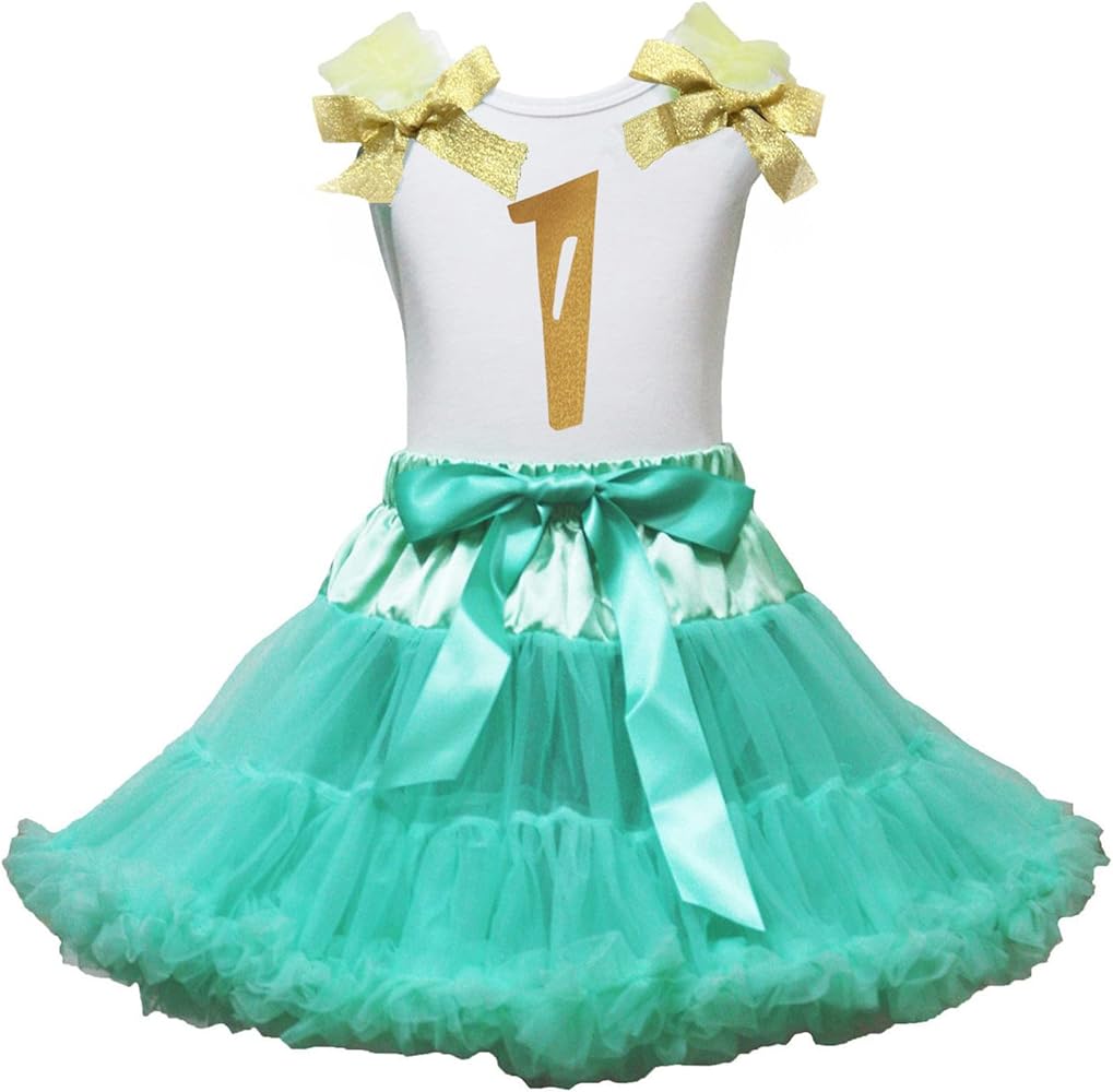 Petitebella Birthday Dress Golden 1st White Cotton Shirt Aqua Blue Skirt Girl Outfit 1-8y