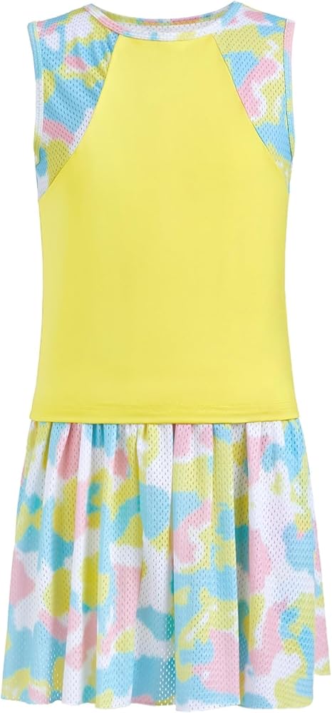 Girls Outfits Tennis Golf Dress 2 Piece Tie Dye Sleeveless Tops Butterfly Shorts Sets with Pockets