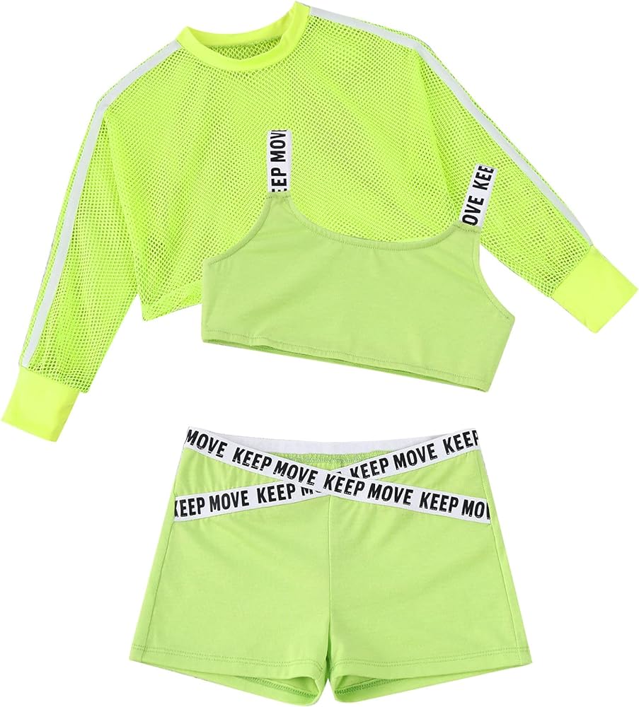 Kids Girls Dance Outfit 3 Piece Crop Top and Booty Shorts Cool Hip Hop Street Dance Clothes Set