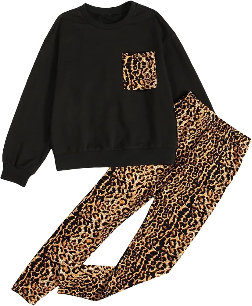 Milumia Girl's Two Piece Outfits Crewneck Long Sleeve Sweatshirt and Leopard Leggings Set Multicolor 9 Years