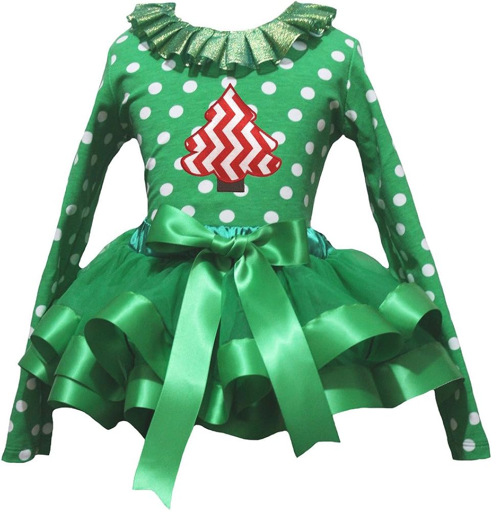 Petitebella Xmas Tree Green White Polka Dots L/s Shirt Petal Skirt Ribbon Nb-8y