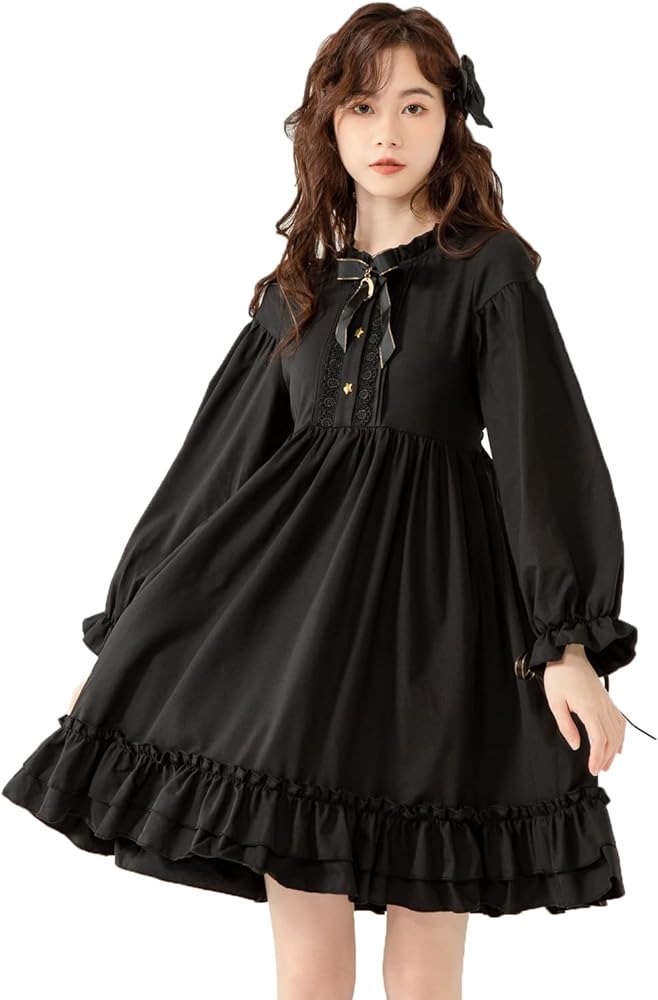 Packitcute Long Sleeve Dress Teen Girls Japanese Gothic Lolita Dress Black