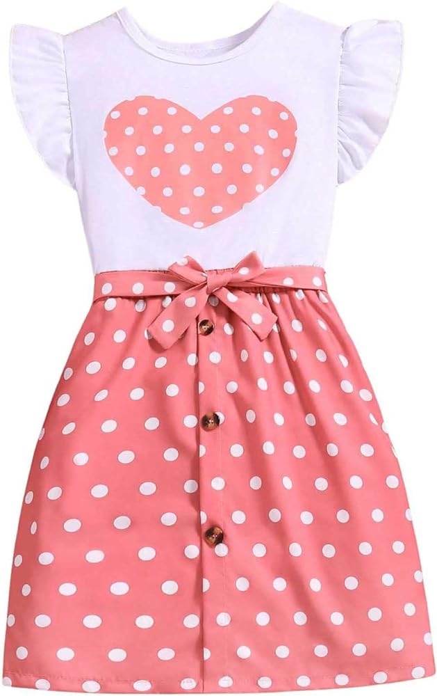 OYOANGLE Girl's Polka Dots Heart Graphic Cap Sleeve Dress Belted Waist A Line Mini Dresses