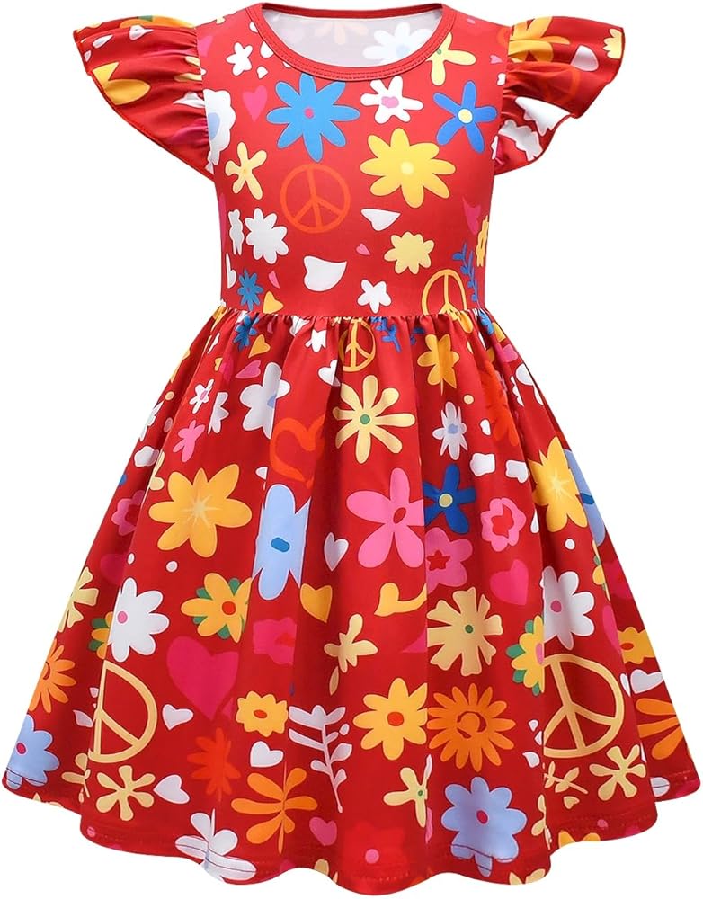 Hiippie Dress Flutter Sleeve 60s 70s Hiippie Outfits for Kids Girls Party Holiday Birthday Halloween