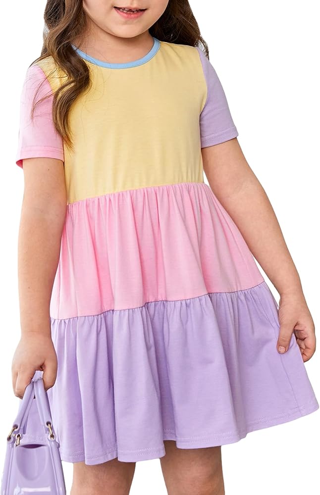 OYOANGLE Girl's Colorblock Short Sleeve Round Neck Ruffle Hem Dress High Waist A Line Short Dresses