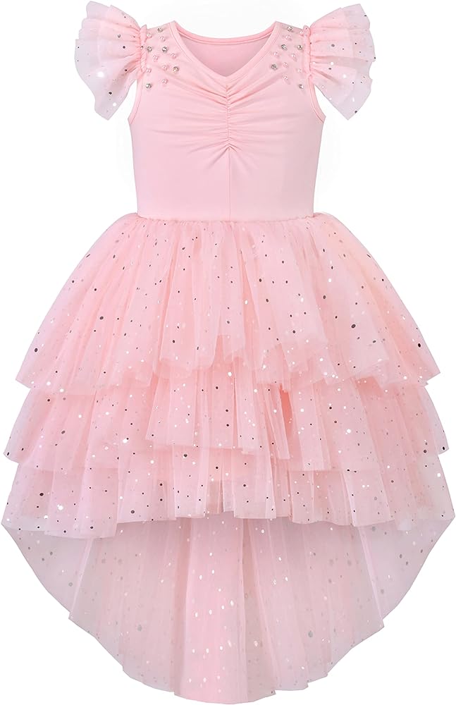 Sunny Fashion Girls Dress Pink Sequin Wedding Hi-low Tulle Skirt Tutu Flutter Sleeve