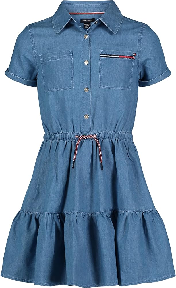 Tommy Hilfiger Girl's Short Sleeve Lightweight Denim Dress, Collared With Cinched Waist