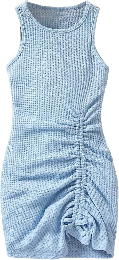 SHENHE Girl's Ruched Drawstring Side Waffle Knit Bodycon Sleeveless Midi Tank Dress