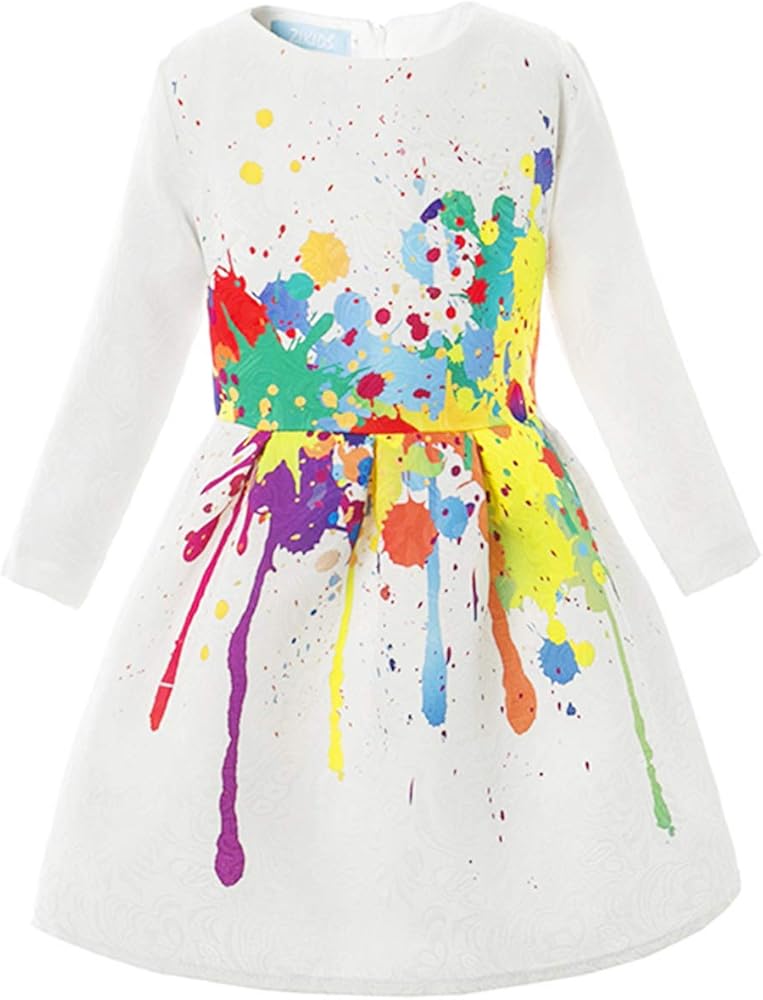 21KIDS Girls Creative Art Colorful Paint Splatter Dress Rainbow Party Long Sleeve Dresses