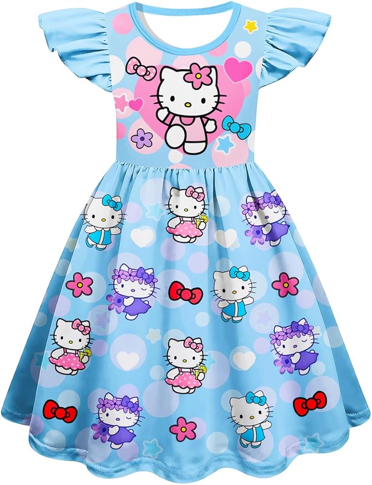 Girls Graphic Dress Kids Cartoon Dresses Party Outfit Birthday Gift Blue, 5-6 Years