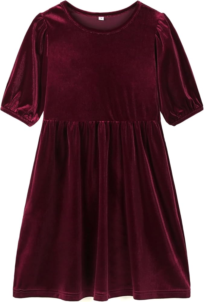 Girls Velvet Dresses Puff Short Sleeve Fall Fashion Crew Neck Vintage Plain Casual Elegant Dress