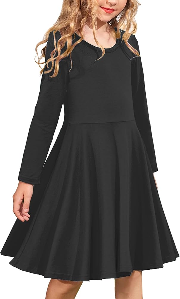 Arshiner Girls Twirl School Dress Long Sleeve A-line Spring Casual Dress Black 12 Years