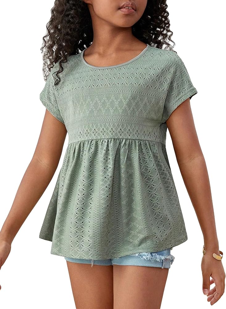 OYOANGLE Girl's Eyelet Embroidered Short Sleeve Round Neck Tee Shirt Tops Peplum Blouses Summer Cute T Top