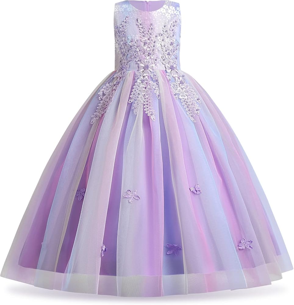 Girls Princess Tulle Lace Flower Pageant Dress Puffy Floor Length Wedding Bridesmaid Dress Party Tutu Maxi Gown