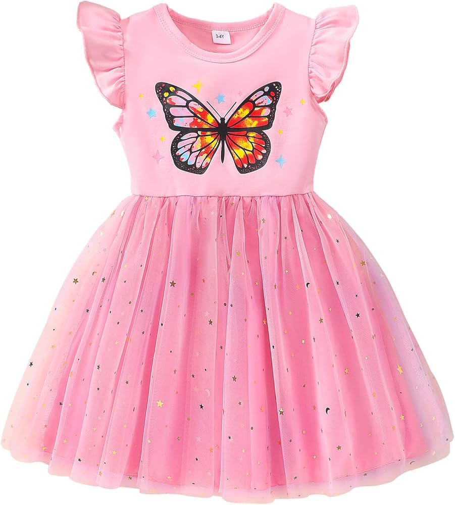 Little Girls Tulle Tutu Dress - Toddler Kids Flutter Sleeve Princess Sundress Casual Summer Outfit Clothes for 2-7Y