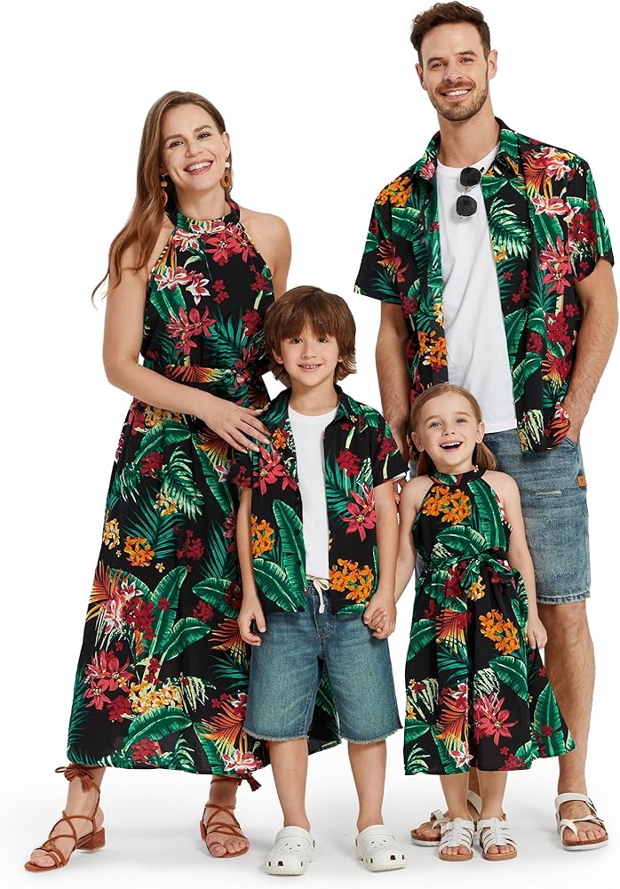 PATPAT Family Hawaiian Matching Outfits Mommy and Me Outfits Caribbean Vacation Tropical Halter Sundresses and Shirts